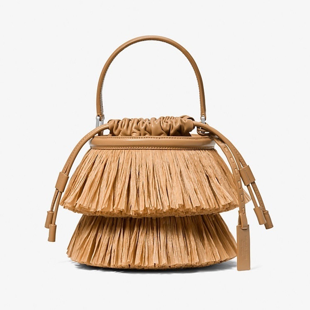 MICHAEL KORS COLLECTION Ischia Mini Leather and Fringe Bucket Bag Natural Peanut